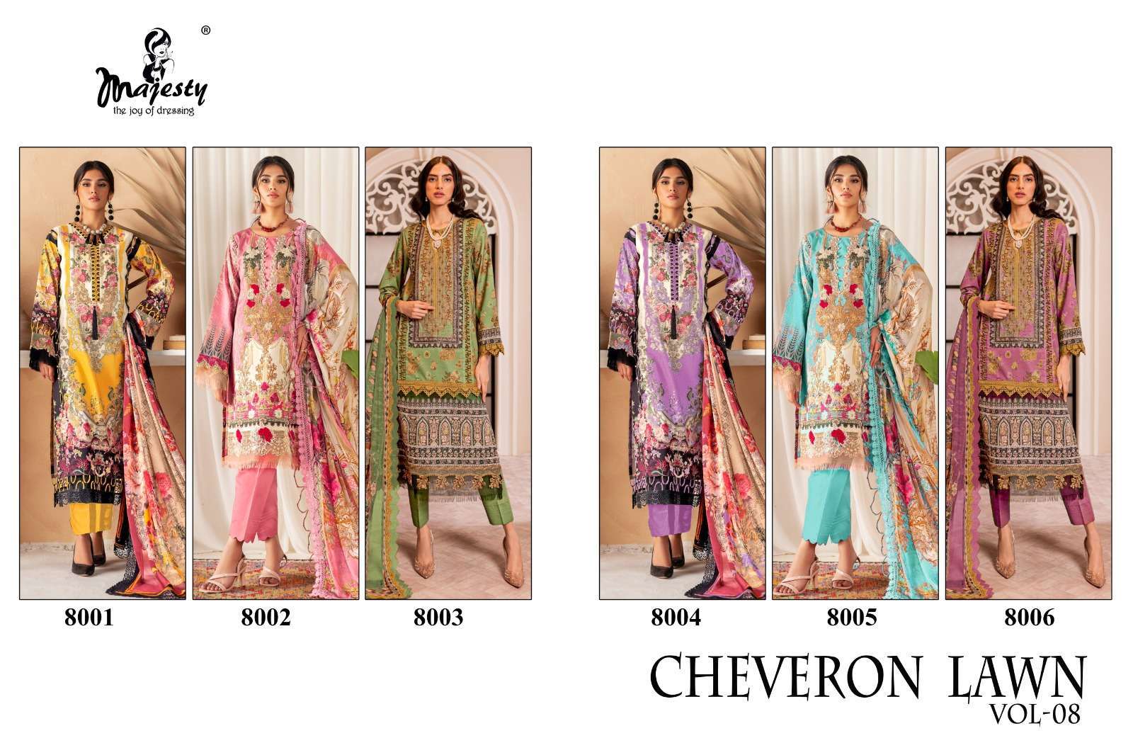 CHEVRON LAWN VOL-8 SERIES 8001 TO 8006 BY MAJESTY DESIGNER WITH PRINTED PAKISTANI STYLE JAM COTTON SUITS ARE AVAILABLE AT WHOLESALE PRICE